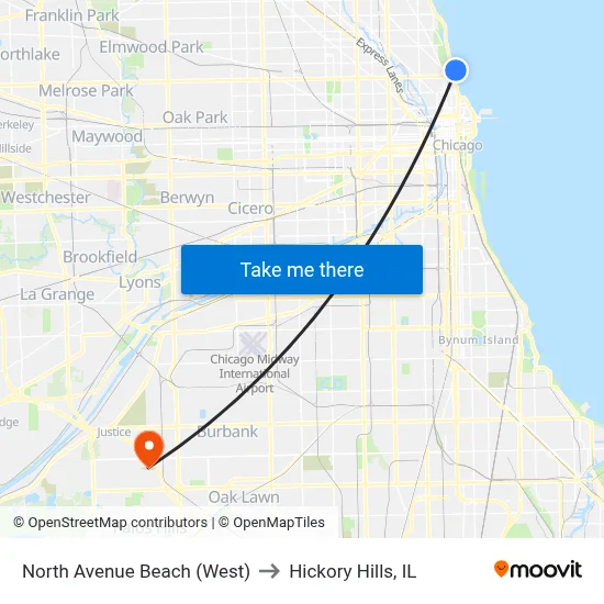 North Avenue Beach (West) to Hickory Hills, IL map