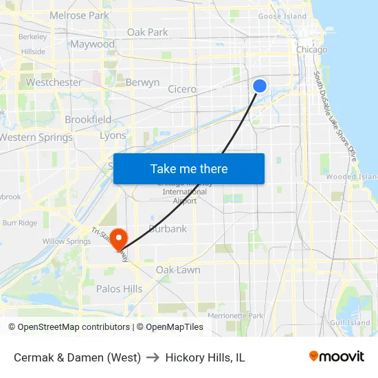 Cermak & Damen (West) to Hickory Hills, IL map