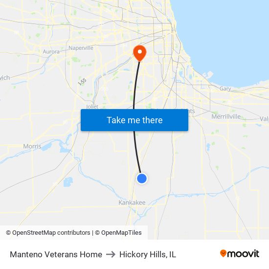 Manteno Veterans Home to Hickory Hills, IL map