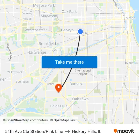 54th Ave Cta Station/Pink Line to Hickory Hills, IL map