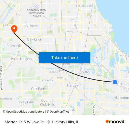Morton Ct & Willow Ct to Hickory Hills, IL map