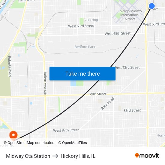 Midway Cta Station to Hickory Hills, IL map