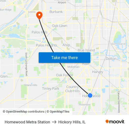 Homewood Metra Station to Hickory Hills, IL map