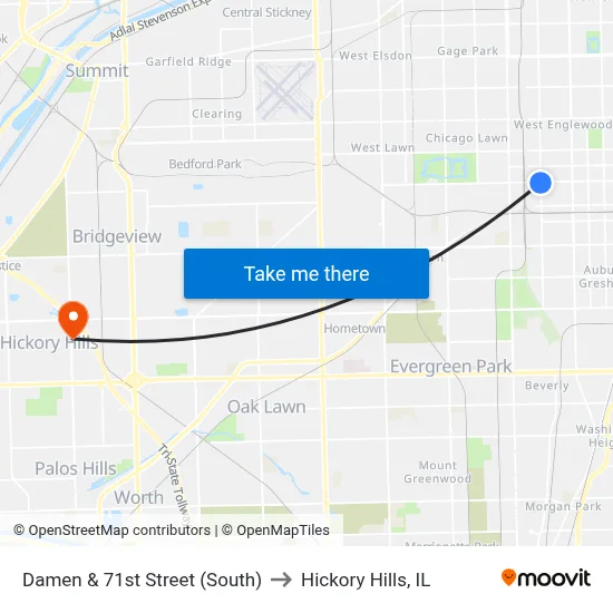Damen & 71st Street (South) to Hickory Hills, IL map