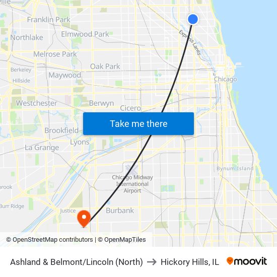 Ashland & Belmont/Lincoln (North) to Hickory Hills, IL map