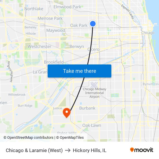 Chicago & Laramie (West) to Hickory Hills, IL map