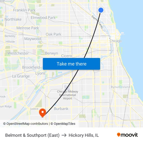 Belmont & Southport (East) to Hickory Hills, IL map