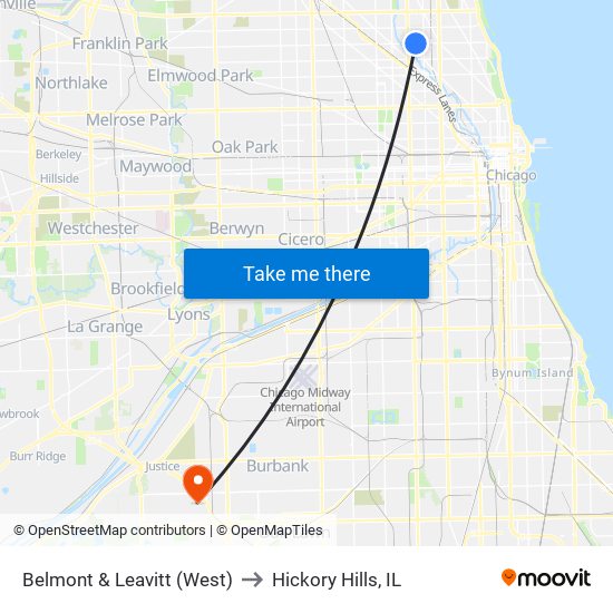 Belmont & Leavitt (West) to Hickory Hills, IL map