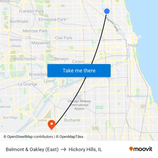 Belmont & Oakley (East) to Hickory Hills, IL map