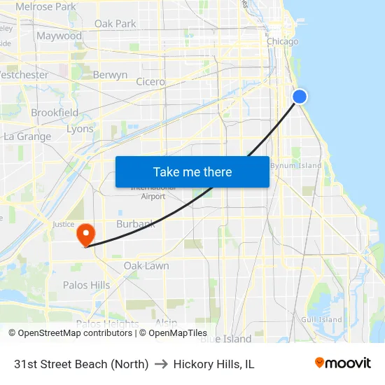 31st Street Beach (North) to Hickory Hills, IL map