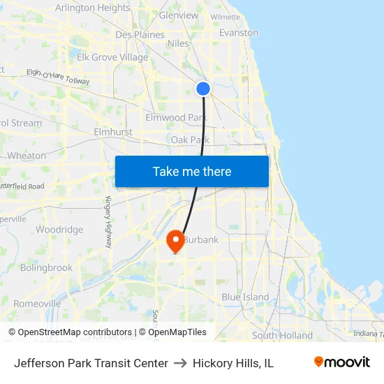 Jefferson Park Transit Center to Hickory Hills, IL map