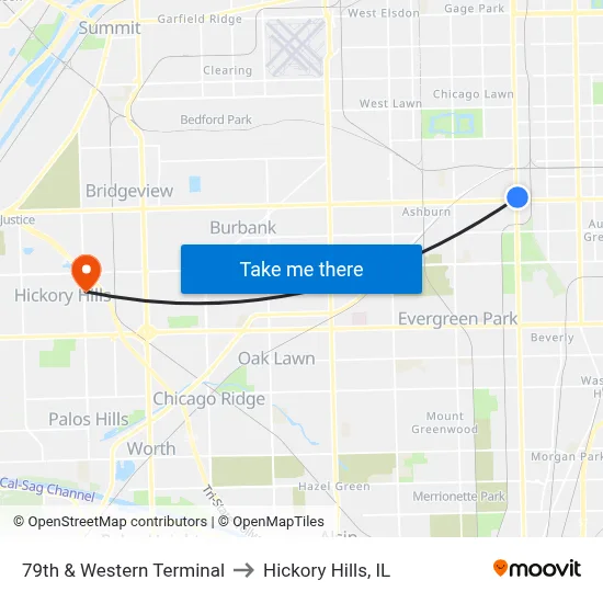 79th & Western Terminal to Hickory Hills, IL map