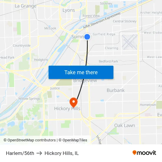 Harlem/56th to Hickory Hills, IL map