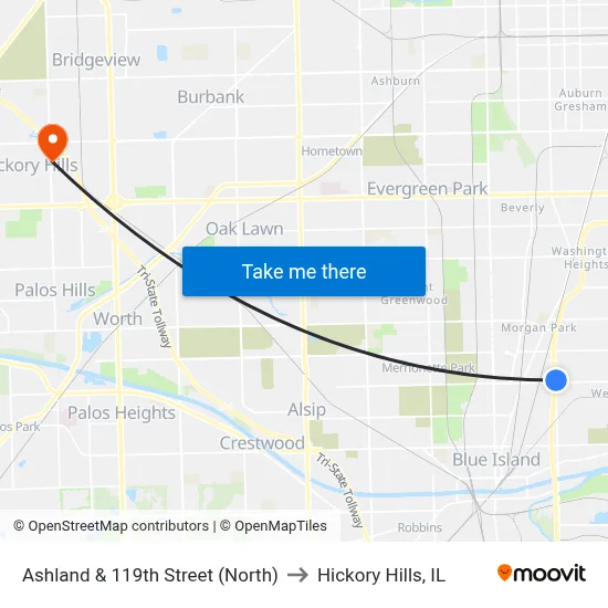Ashland & 119th Street (North) to Hickory Hills, IL map