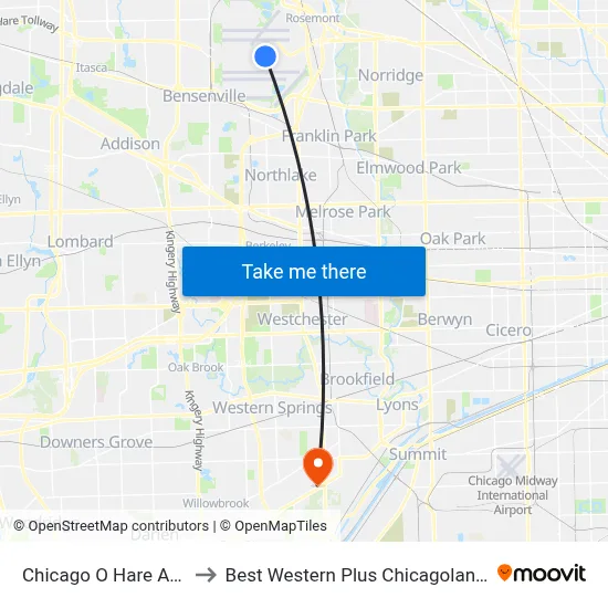 Chicago O Hare Airport ORD to Best Western Plus Chicagoland - Countryside map