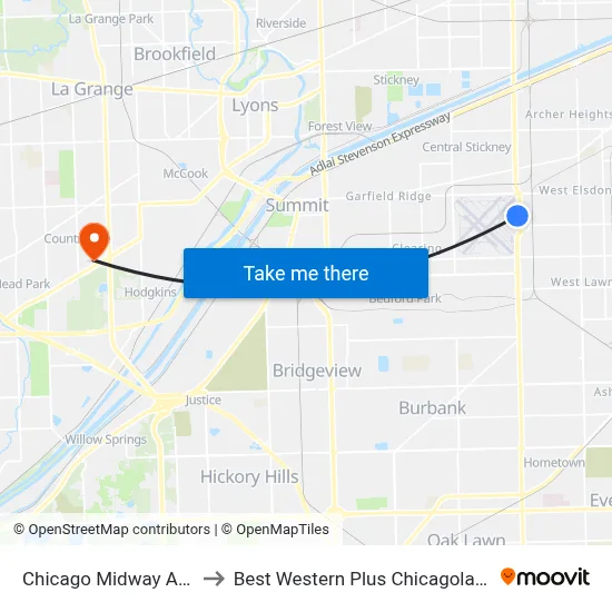 Chicago Midway Airport MDW to Best Western Plus Chicagoland - Countryside map