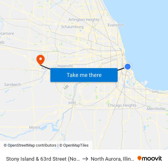 Stony Island & 63rd Street (North) to North Aurora, Illinois map