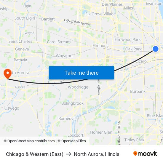 Chicago & Western (East) to North Aurora, Illinois map