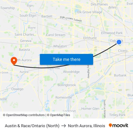 Austin & Race/Ontario (North) to North Aurora, Illinois map