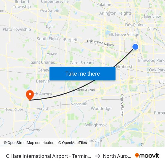 O'Hare International Airport - Terminal 5 Arrivals/Departures to North Aurora, Illinois map