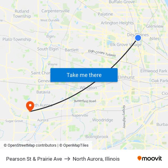 Pearson St & Prairie Ave to North Aurora, Illinois map