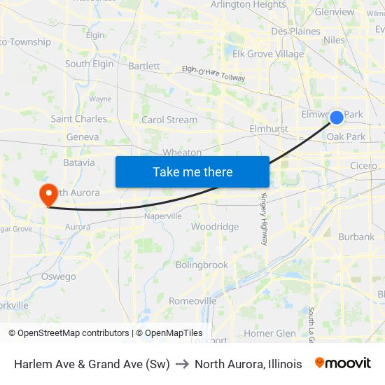 Harlem Ave & Grand Ave (Sw) to North Aurora, Illinois map