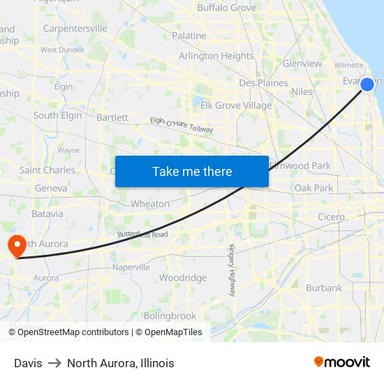 Davis to North Aurora, Illinois map