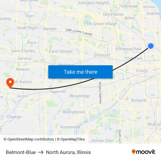 Belmont-Blue to North Aurora, Illinois map