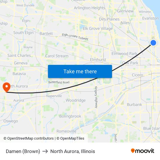 Damen (Brown) to North Aurora, Illinois map