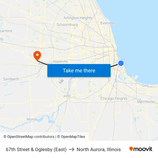 67th Street & Oglesby (East) to North Aurora, Illinois map