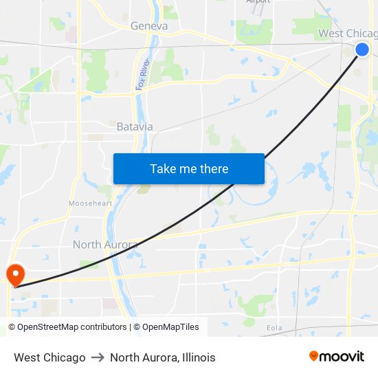 West Chicago to North Aurora, Illinois map