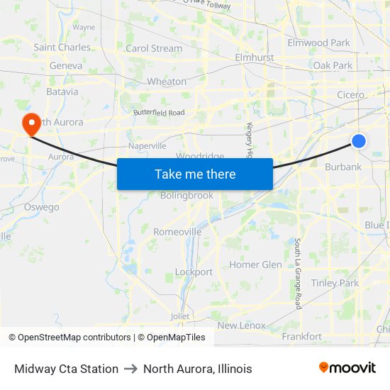 Midway Cta Station to North Aurora, Illinois map