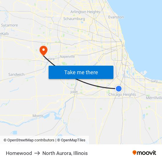 Homewood to North Aurora, Illinois map