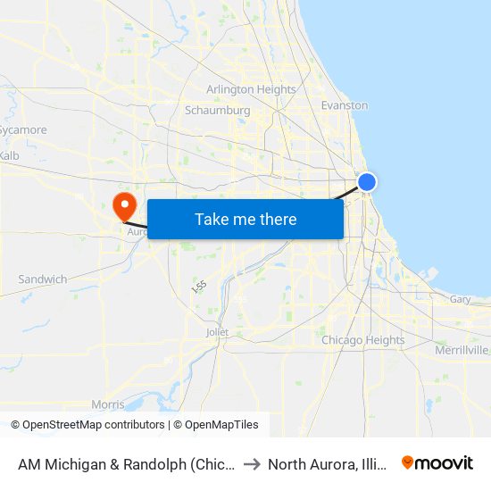 AM Michigan & Randolph (Chicago) to North Aurora, Illinois map
