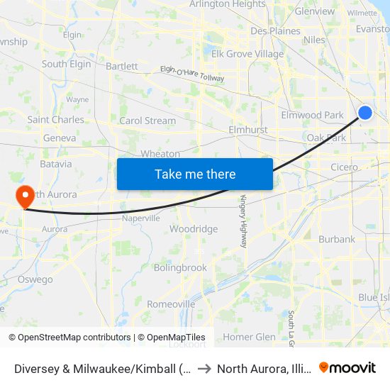 Diversey & Milwaukee/Kimball (West) to North Aurora, Illinois map