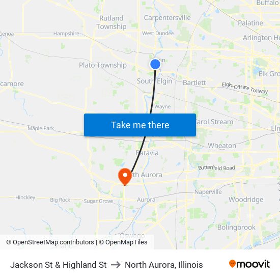 Jackson St & Highland St to North Aurora, Illinois map