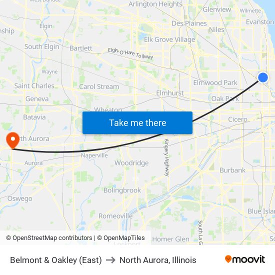 Belmont & Oakley (East) to North Aurora, Illinois map