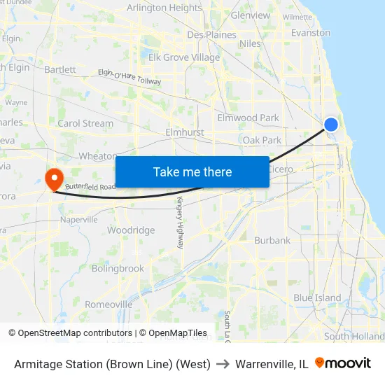 Armitage Station (Brown Line) (West) to Warrenville, IL map