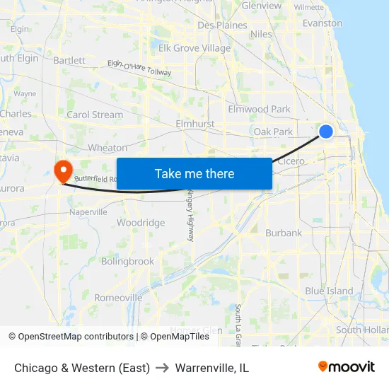Chicago & Western (East) to Warrenville, IL map