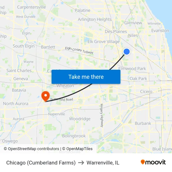 Chicago (Cumberland Farms) to Warrenville, IL map