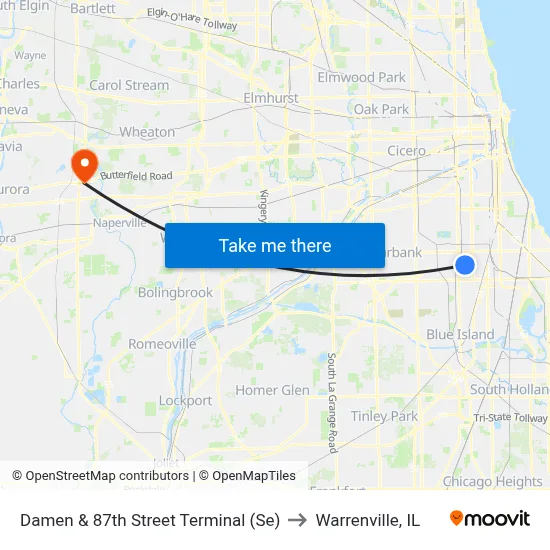 Damen & 87th Street Terminal (Se) to Warrenville, IL map