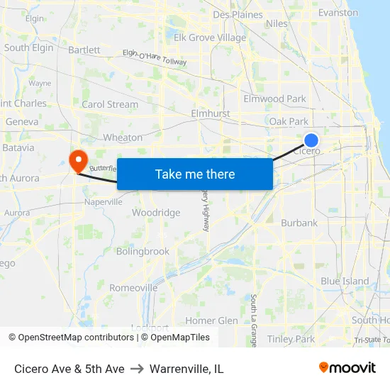 Cicero Ave & 5th Ave to Warrenville, IL map