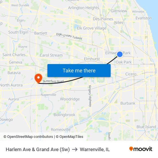 Harlem Ave & Grand Ave (Sw) to Warrenville, IL map