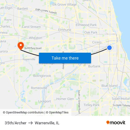35th/Archer to Warrenville, IL map