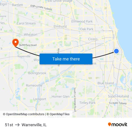51st to Warrenville, IL map