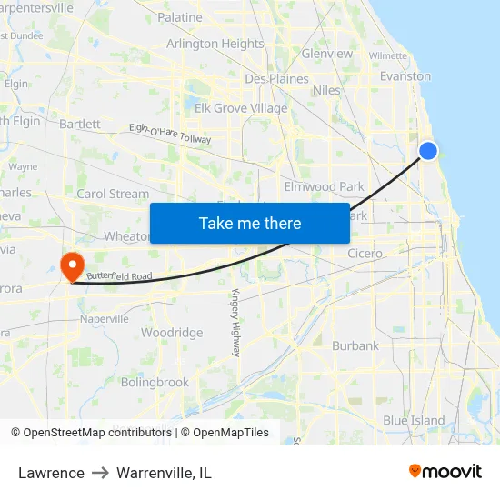 Lawrence to Warrenville, IL map