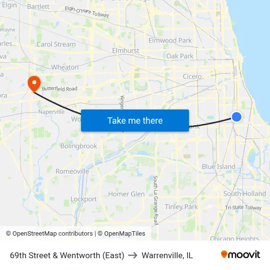 69th Street & Wentworth (East) to Warrenville, IL map