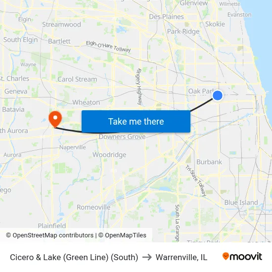 Cicero & Lake (Green Line) (South) to Warrenville, IL map