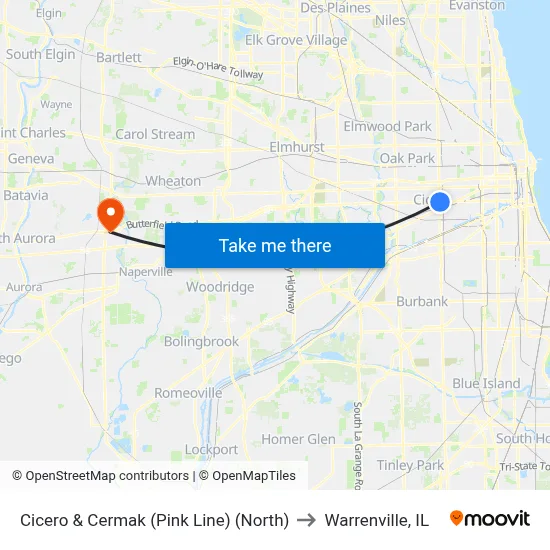 Cicero & Cermak (Pink Line) (North) to Warrenville, IL map