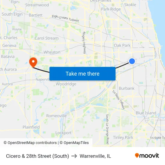 Cicero & 28th Street (South) to Warrenville, IL map